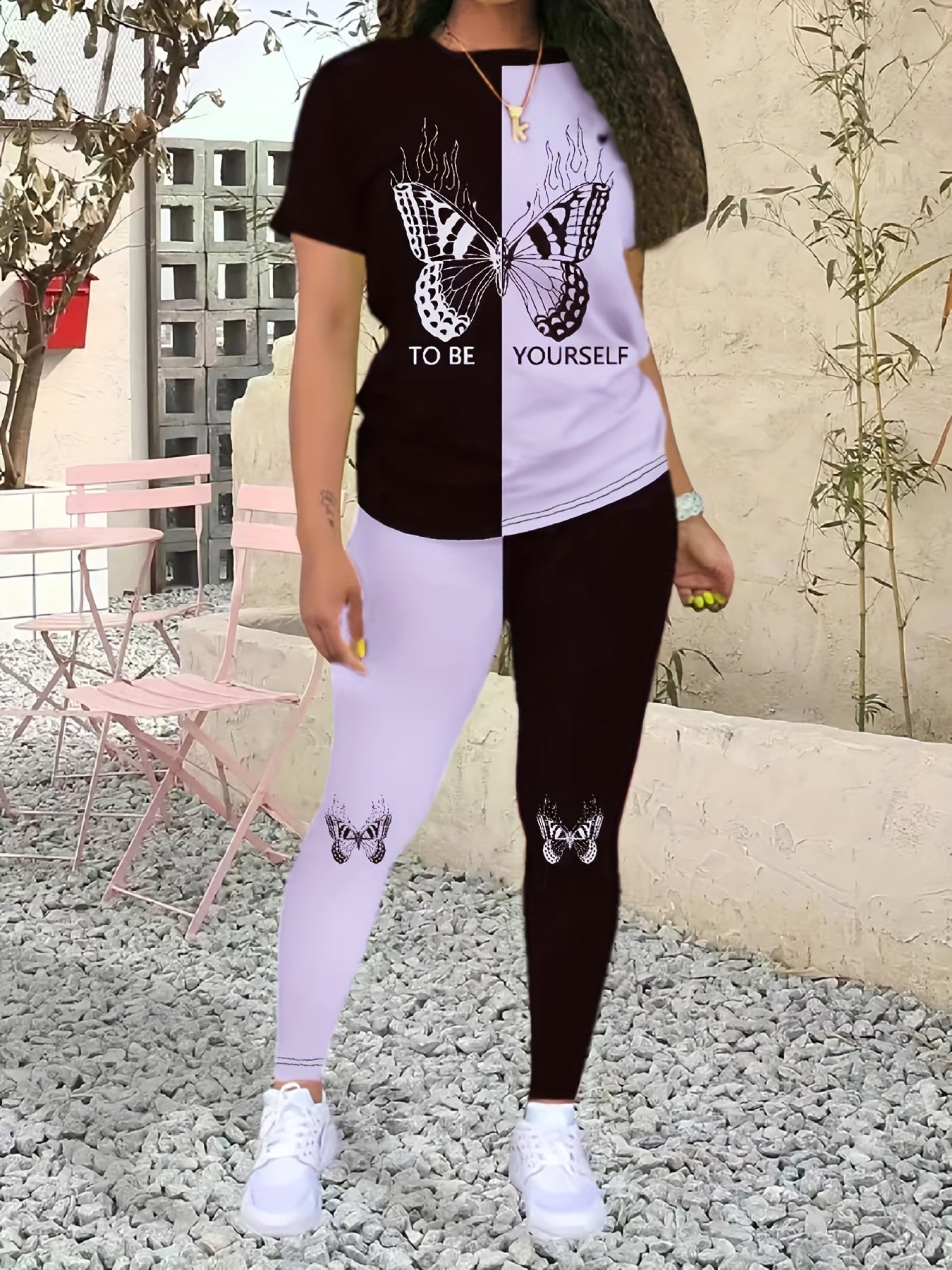 Butterfly Print Casual Two-piece Set, Crew Neck Short Sleeve Top & Pants Outfits - Women's Clothing - Summer Fashion - For Women - Stylish & Comfortable Everyday Wear - Perfect Gift for Birthday & Holidays
